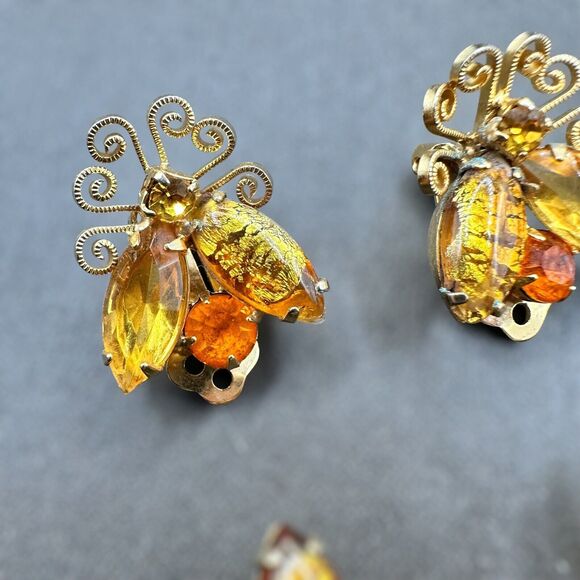 Vintage Juliana Style Topaz Foiled Glass Rhinestone Bug Brooch & Earring Set - Picture 3 of 6